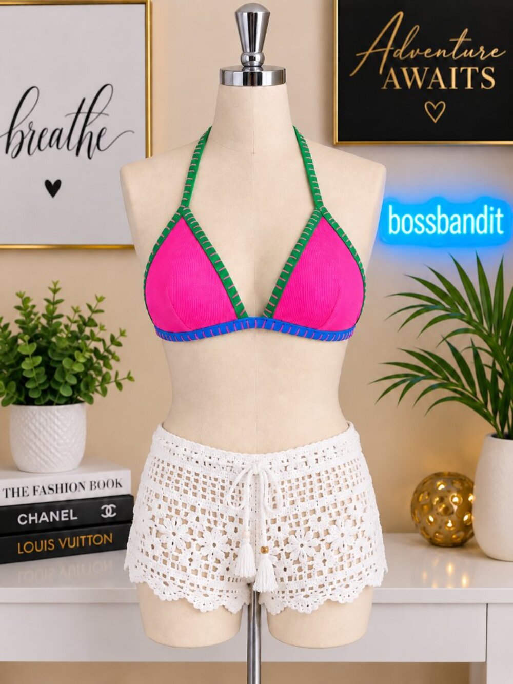 CUPSHE Sensorial Spring Colorblock Crochet Bikini Top Adjustable S NWT
